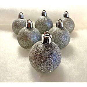 Set of 6 Vintage Christmas Ornaments 1.5" Round With Silver Glitter Plastic Ball